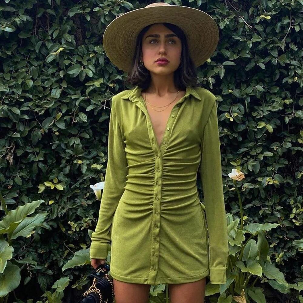 With Jean Andy Ruched Long Sleeve Button Front Mini Dress Forest Green XS‎